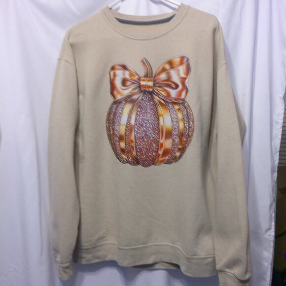 Vtg Autum Pumpkin Embroidered Crewneck Women’s L Cream Sweatshirt - Picture 1 of 4